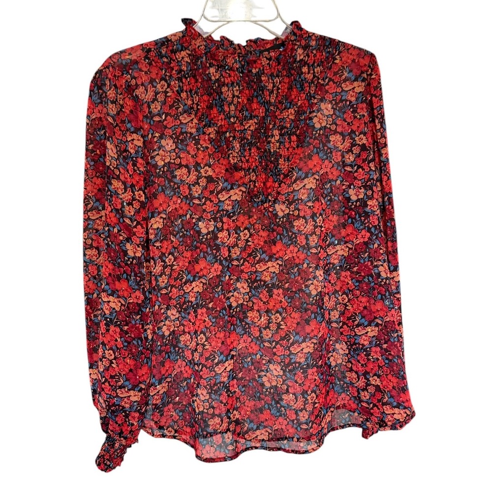 Alice Blue Floral Blouse Womens L Red Smocked Mock Neck Metallic Boho Chiffon